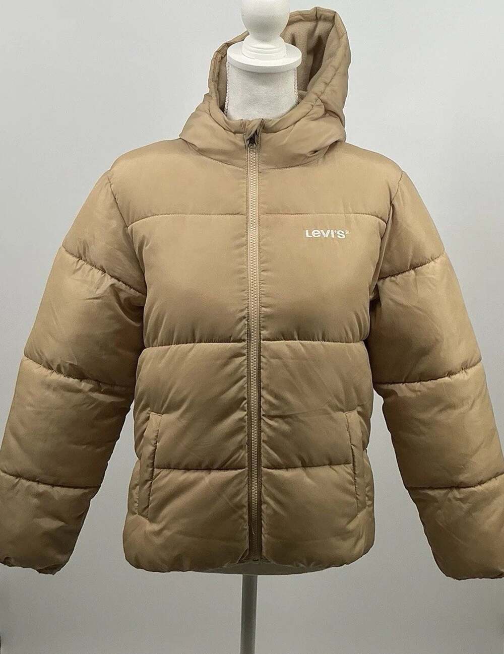 Levi’s Boys Large 12-13 Tan Hooded Puffer Jacket Coat Full Zip